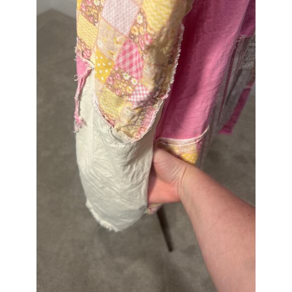 Blue Velvet Button Down Oversized Hoodie Pink Distressed Patchwork Top Size S/M - Picture 4 of 9